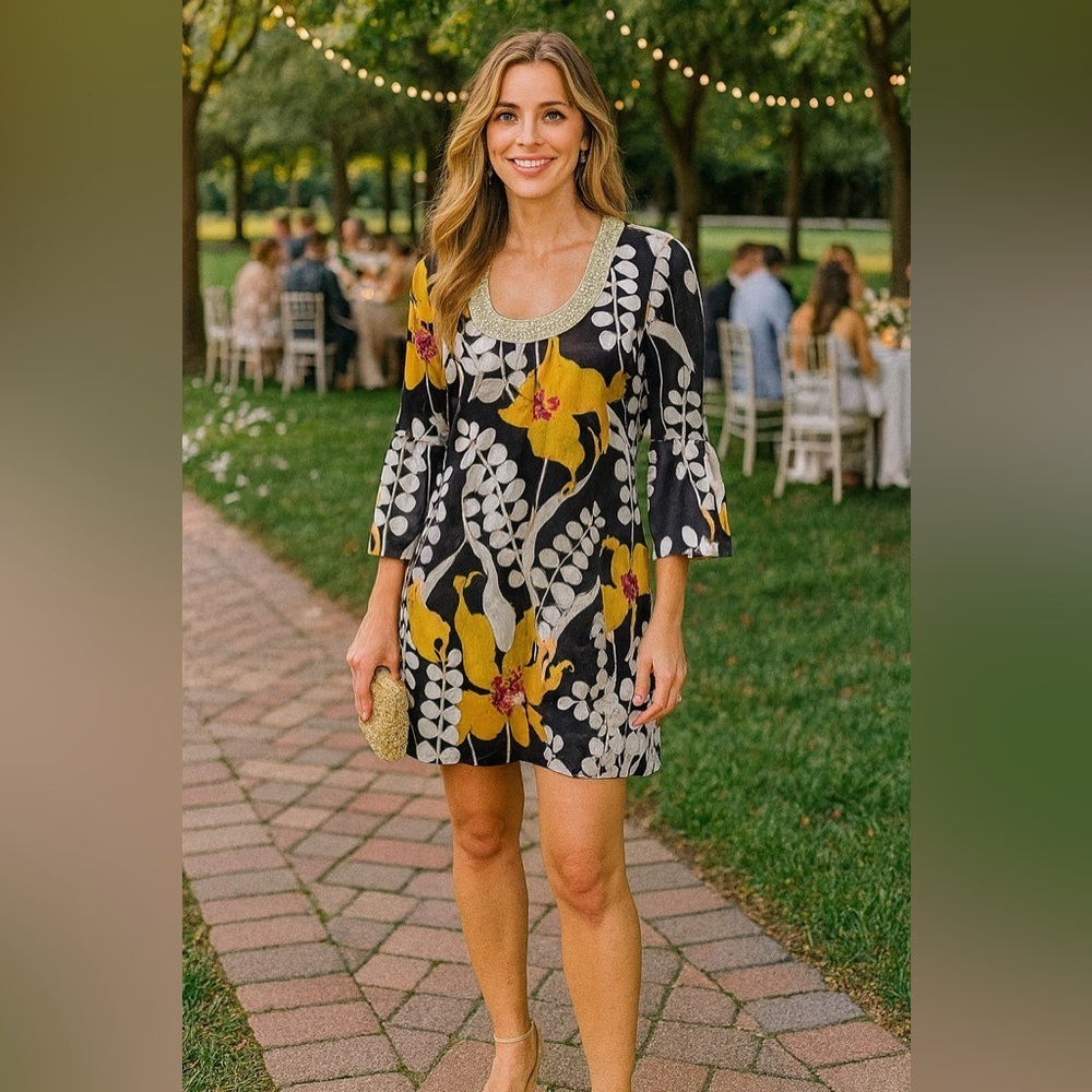 Trina Turk Bonita Dress Silk Black Yellow Floral Sequins Size Medium